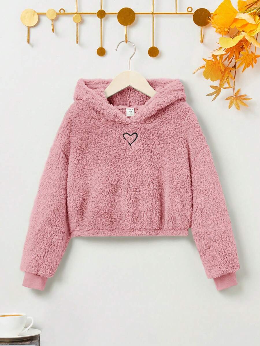 SHEIN Tween Girl Heart Embroidery Drop Shoulder Teddy Sweatshirt - Dusty Pink - View 1