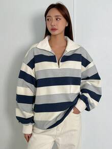 DAZY 條紋印花下垂肩半拉鍊運動衫 - 彩色 - 查看 6