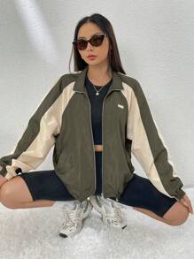 SHEIN EZwear 秋冬季撞色拼接插肩袖抽绳下摆拉链外套 - 軍綠色 - 查看 8