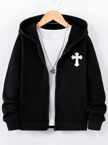 SHEIN Boys' Printed Zip-Up Hoodie - Black - View 3