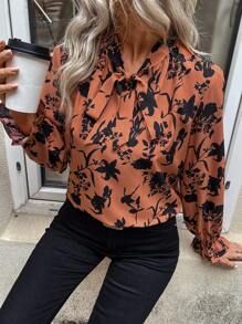 SHEIN LUNE In hoa Cà vạt tay áo lá sen Áo sơ mi - Màu Cam san hô - Xem 4