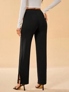 SHEIN Tall 素色斜口袋直筒褲 - 黑色 - 查看 2