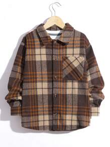 SHEIN Con trai Lỏng lẻo phù hợp Giải trí Vòng cổ Kẻ sọc Áo sơ mi - Màu Khaki - Xem 4