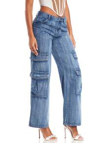 SHEIN BAE Women's Cargo Denim Pants - Medium Wash - View 4