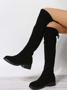 Style With White Dress Autumn And Winter European And American Slimming Boots, Women's Black Knee-High Boots, Cardigan, Sweater Boots? Suede Boots, Long Elastic Boots, Thick Heel High And Versatile Women's Shoes - Black - View 1