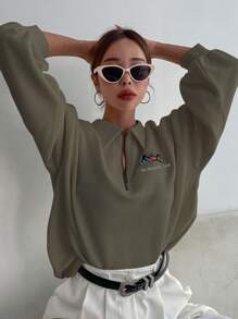 DAZY Slogan & Mountain Embroidery Half Zipper Sweatshirt,Long Sleeve Tops,Fall Women Clothes - Army Green - View 5