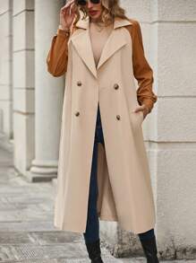 SHEIN LUNE Two Tone Double Breasted Belted Trench Coat - Khaki - View 4