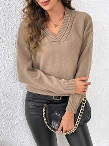 SHEIN Frenchy Màu thuần Thả vai Áo len - màu nâu - Xem 6