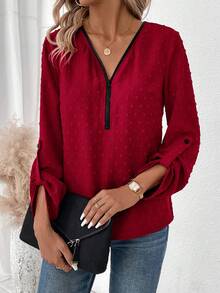 SHEIN LUNE 拉鍊半釦紋點織物恤衫,卷起袖子款式 - 酒紅色 - 查看 5