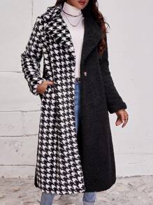 SHEIN LUNE Contrast Houndstooth Print Lapel Neck Teddy Coat Fall Cloth For Women - Black and White - View 1