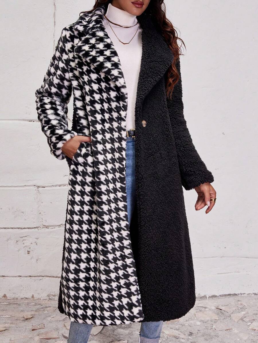 SHEIN LUNE Contrast Houndstooth Print Lapel Neck Teddy Coat Fall Cloth For Women - Black and White - View 1