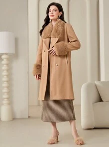 Modelyn Women's Woolen Coat With Plush Collar - Coffee Brown - View 3