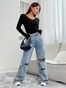 SHEIN PETITE Solid V Neck Tee - Black - View 6