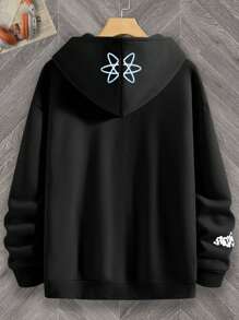 Manfinity EMRG 男士休闲连帽卫衣，字母印花长袖连帽衫，送给朋友、丈夫、男友的礼物，街头风图案连帽衫，复古风连帽衫，秋季款 - 黑色 - 查看 2