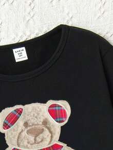 青少年女孩熊印花修身短袖上衣和方格褲裝睡衣套裝 - 彩色 - 查看 5