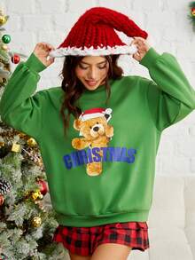 SHEIN EZwear Giáng sinh Đồ họa chữ cái & Gấu Thả vai Áo nỉ - màu xanh lá - Xem 3