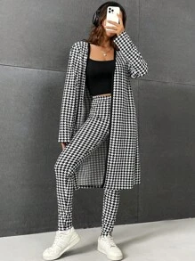 SHEIN Essnce 千鳥格印花開門襟外套&緊身打底褲 - 黑與白 - 查看 3