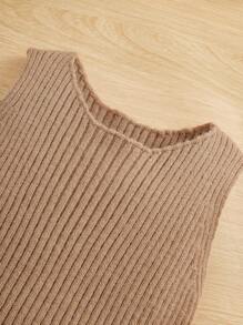 SHEIN Young Girl Ribbed Knit Cardigan & Sweater Dress - Khaki - View 7