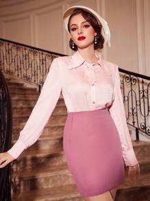 Vintamour Camisa de cuello con cordón con botón delantero - Rosa - Ver 5