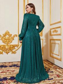 Faeriesty Đầm dạ hội tay đèn lồng cổ tròn đính sequin - Màu xanh lá cây đậm - Xem 2