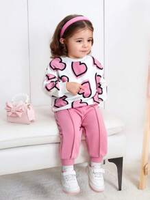 SHEIN Đứa bé gái In Trái tim Áo nỉ & Đường may Chi tiết Quần thể thao - Hồng - Xem 7