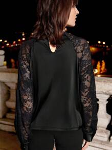 SHEIN Frenchy 蕾絲拼接插肩袖襯衫 - 黑色 - 查看 2