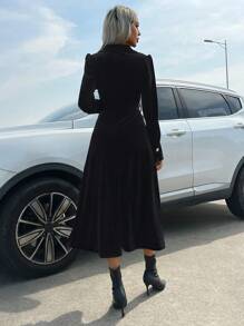 SHEIN Essnce 泡泡袖腰帶襯衫洋裝 - 黑色 - 查看 2