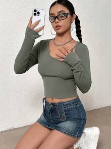 SHEIN Unity 純色凹口領超短長袖 T 恤 - 軍綠色 - 查看 4