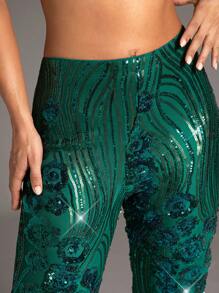 SHEIN BAE 圣诞闪亮喇叭裤 - 綠色 - 查看 3
