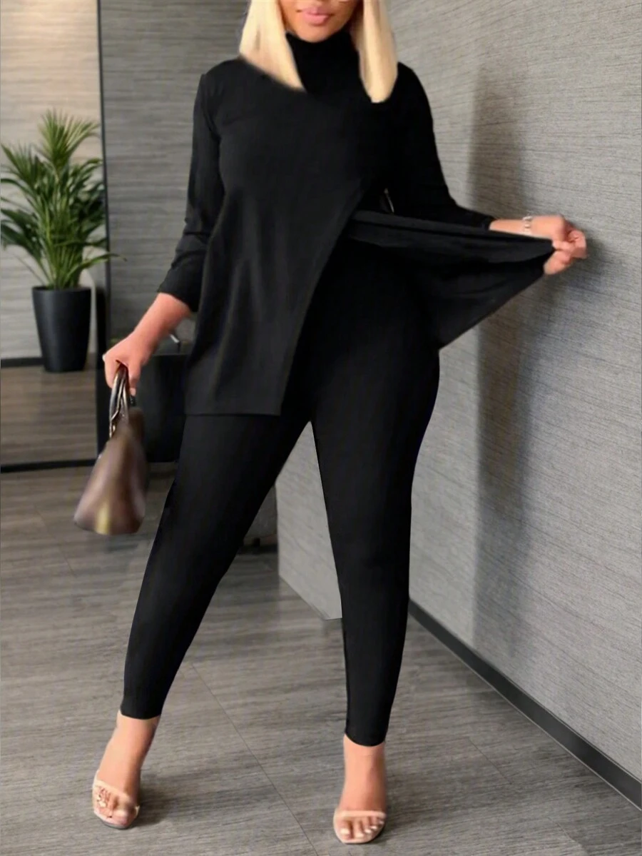 Women's Black Side Split Top And Pants Set - Black - View 1