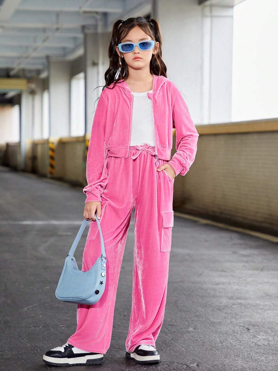 Tween Girl Flap Pocket Hooded Velvet Jacket & Pants - Hot Pink - View 1
