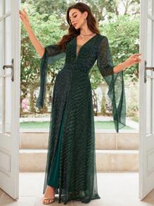 SHEIN Belle 網紗拼接開衩袖高衩洋裝 - 酒紅色 - 查看 1