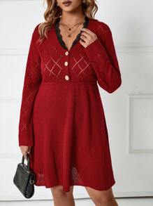 SHEIN LUNE Plus Lace Trim Button Detail Sweater Dress - Red - View 5