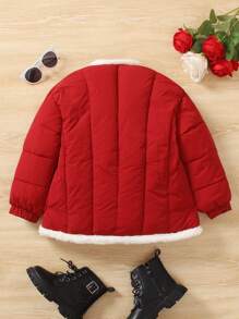SHEIN Young Girl Contrast Binding Snap Button Front Padded Coat - Red - View 2