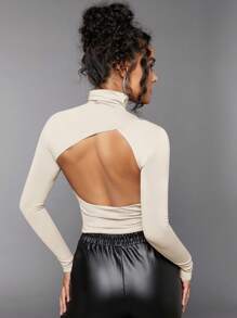 SHEIN BAE Chất rắn Cổ cao Không lưng Áo thun - Màu be - Xem 2