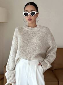 DAZY Solid Drop Shoulder Sweater,Long Sleeve Tops,Fall Clothes - Apricot - View 9