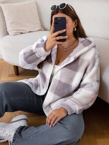 SHEIN EZwear 大碼格紋印花連帽法蘭絨外套 - 灰色 - 查看 4