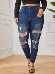 SHEIN Privé Plus Size Ripped Skinny Jeans With Diagonal Pockets - Dark Wash - View 3