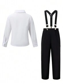 2入組幼童男生長袖襯衫和長褲套裝,適用於婚禮、表演、正式派對、春秋季節 - 黑與白 - 查看 2