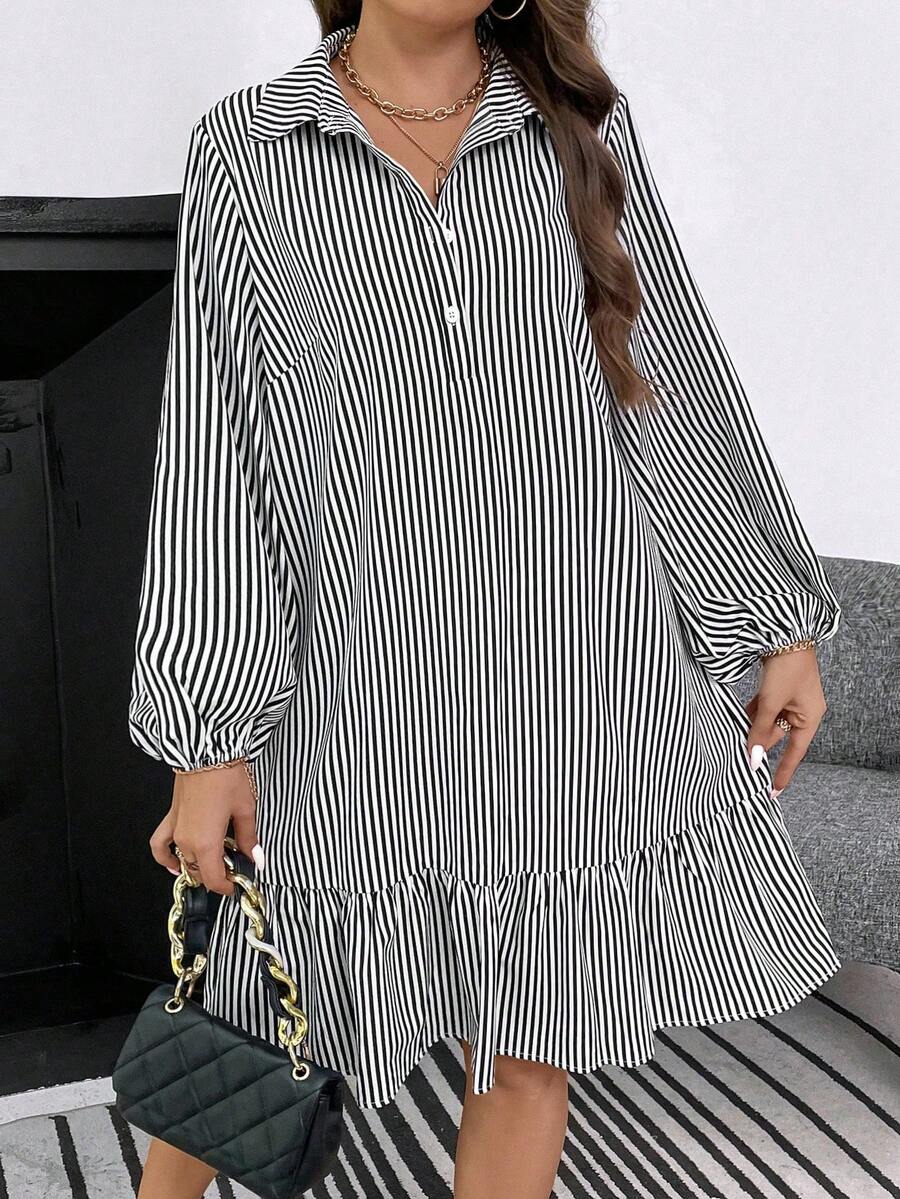 SHEIN LUNE 條紋印花燈籠袖荷葉邊娃娃裙 - 黑與白 - 查看 1