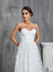 貼花細節網紗抹胸婚紗連衣裙 - 白色 - 查看 4