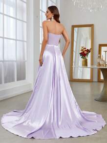 Twist Front Split Thigh Satin Tube Prom Party Dress - Mauve Purple - View 2