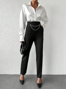EURMUSE Chain Detail Slant Pocket Suit Pants - Black - View 1
