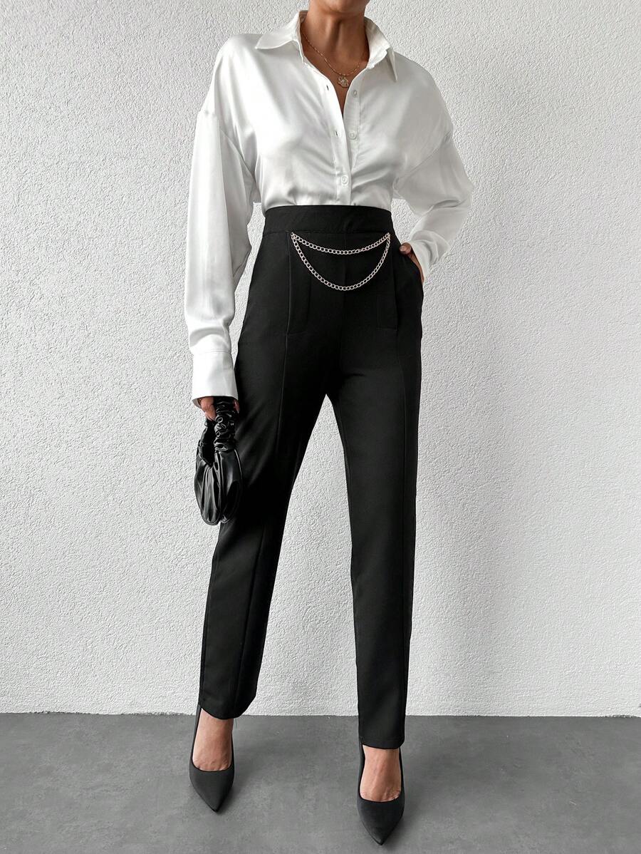 EURMUSE Chain Detail Slant Pocket Suit Pants - Black - View 1