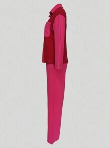 2pcs Contrast Color Collared Casual Elegant Shirt And Solid Color Pants Suit - Hot Pink - View 8