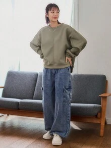 FRIFUL 純色落肩女士運動衫,配有分裂式下擺 - 墨綠色 - 查看 5