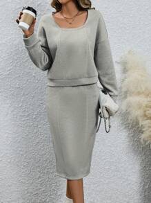 SHEIN LUNE Leisure Solid Color Long Sleeve Fleece Hoodie And Skirt Set - Grey - View 7