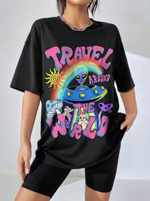 SHEIN EZwear Casual Mushroom & Letter Printed Oversized Short Sleeve Women's T-Shirt, Summer TRAVEL AROUND THE WORLD - Black - View 4