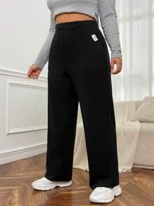 SHEIN EZwear 大尺碼女款黑色針織寬鬆直筒褲,帶糾結紗線細節