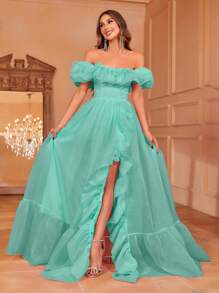 Square Collar Puff Sleeve Ruffle Trim Organza Dress - Green - View 6